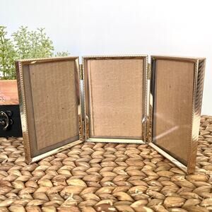 Vintage Gold Brass Tone Metal Tri-Panel Tabletop Picture Frame for 3.5x5" Photos